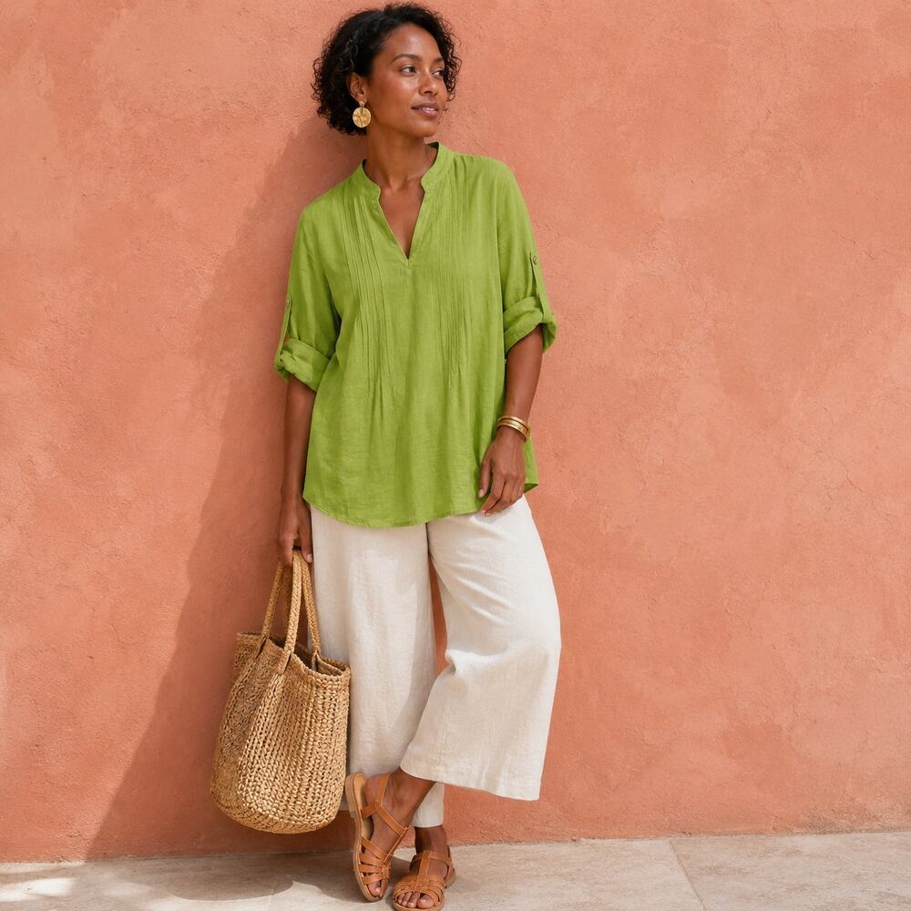 Pure Amici Lime Linen Rayon Pintuck Tunic Top Small Roll Tab Sleeve
